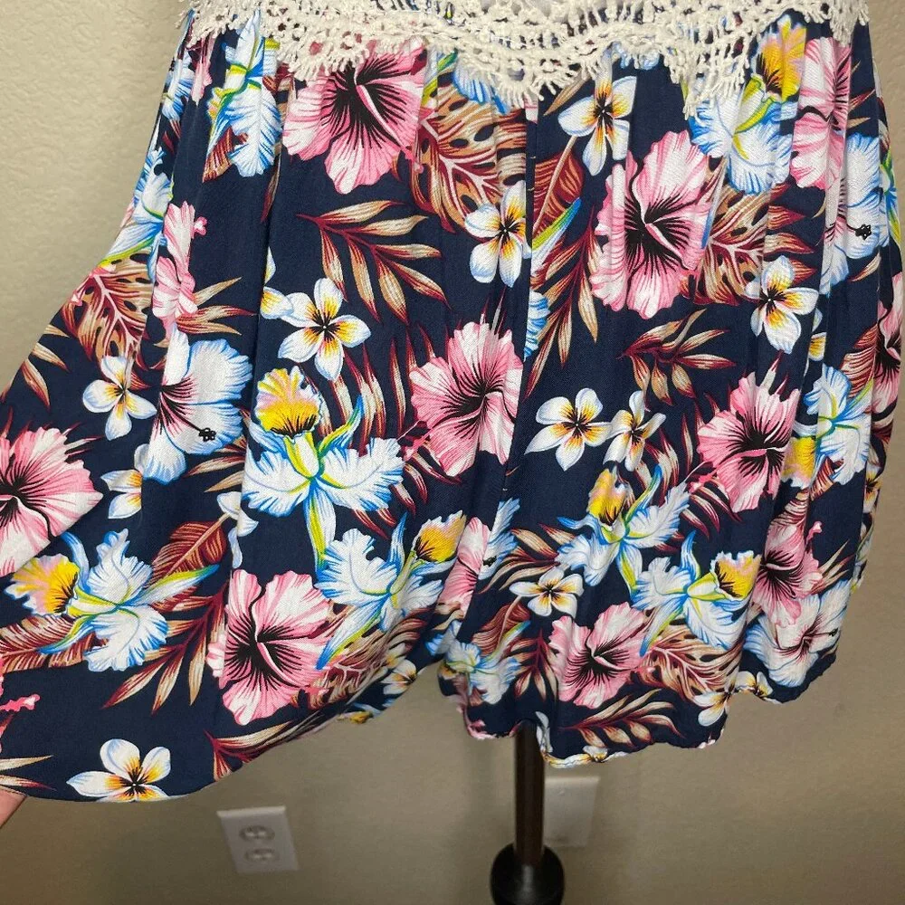 MAZE Tropical Floral Romper Lace Waist XL Navy Blue